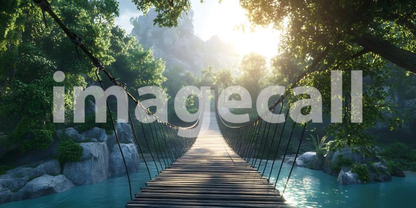 Lush Jungle Bridge Scenic Pathway Vibrant Foliage Tranquil River