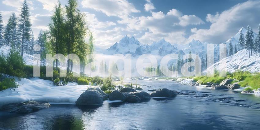 Winter Wonderland Serene Mountain River Scene