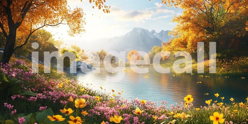 Autumn Landscape Scenic River Golden Trees Blooming Flowers