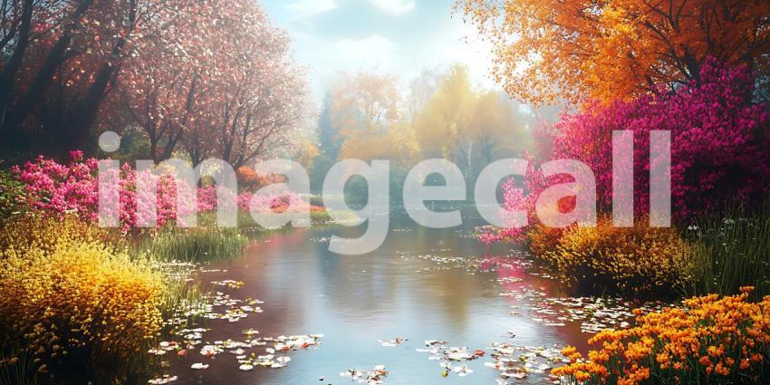 Vibrant Autumn Landscape Serene River  Colorful Trees