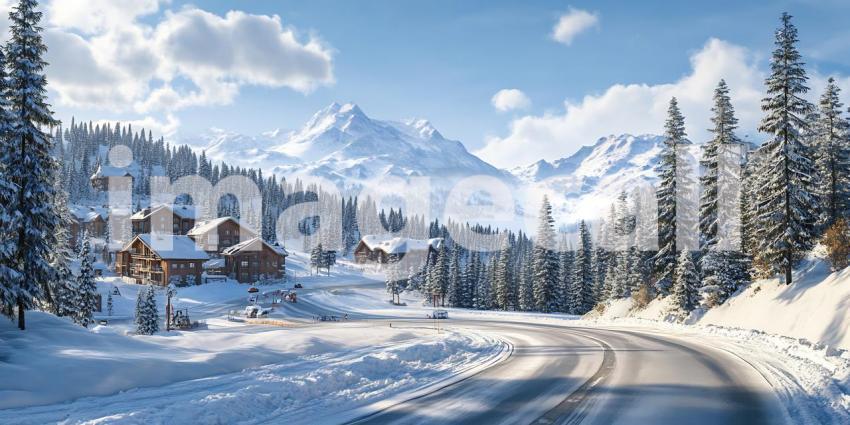 Stunning Winter Wonderland Snowy Mountain Village Road Scene
