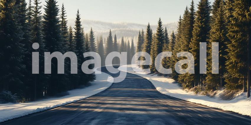 Winter Wonderland Road Scenic Snow Covered Path Through Pine For