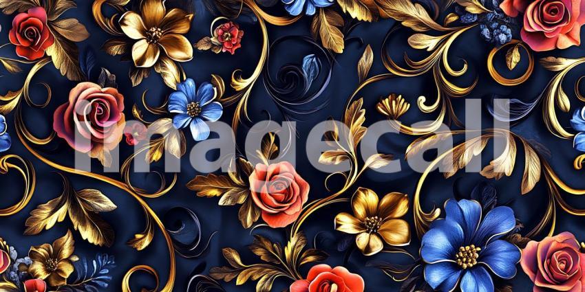 Luxury Floral Pattern Dark Navy Blue Roses  Gold