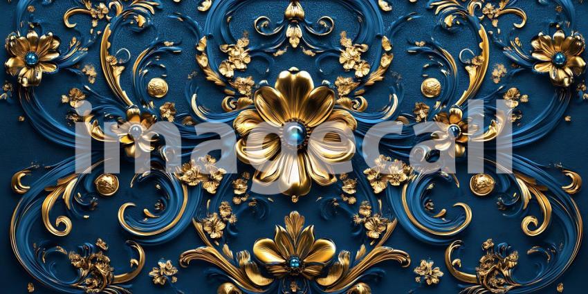Luxury Gold  Blue Damask Pattern Elegant Background Texture
