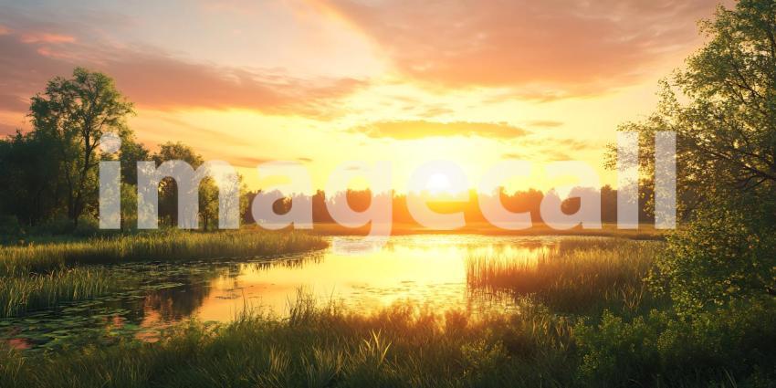Golden Hour Sunset Serene Lake and Lush Landscape