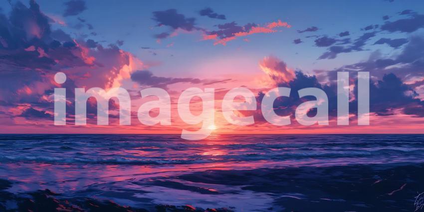 Vibrant Sunset Over Ocean Pink and Purple Sky