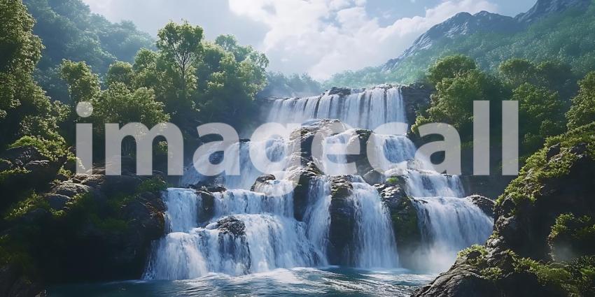 Lush Waterfall Landscape Cascading Water Tropical Foliage Tranqu