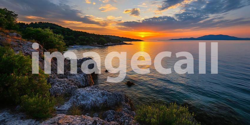 Stunning Sunset Over Coastal Rocks Mediterranean Seascape Panora