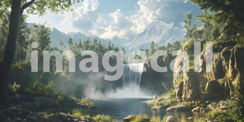 Stunning Waterfall Landscape Lush Jungle Majestic Mountains Brea