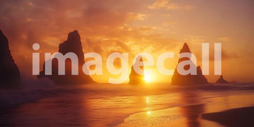 Icelandic Sunset Dramatic Coastal Rock Formations at Golden Hour