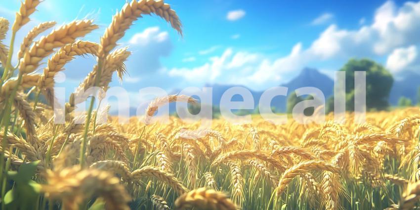 Golden Wheat Field Landscape Rural Scene with Mountains