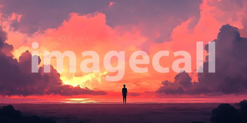 Sunset Silhouette Peaceful Vista Digital Painting