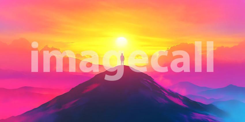 Vibrant Sunset Landscape Person on Mountain Peak at Sunrise