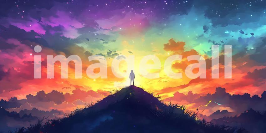 Vibrant Sunset Landscape A Solitary Figure on a Hilltop