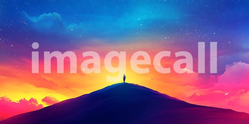 Vibrant Sunset Landscape Silhouette on Hilltop Under Starry Sky