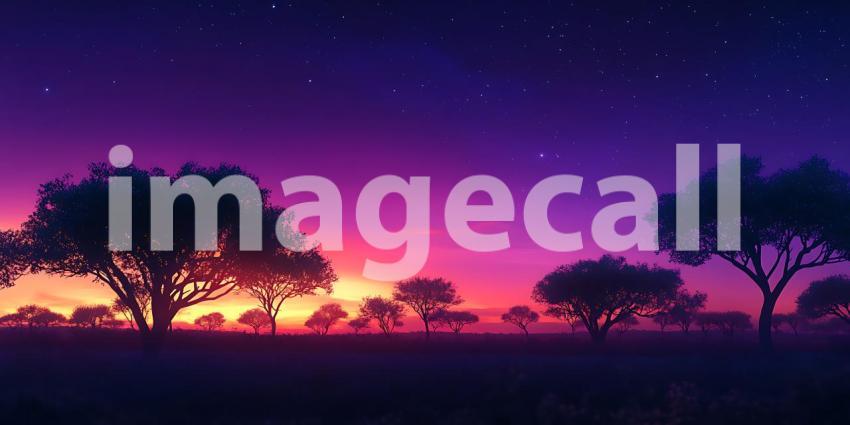 Vibrant Sunset Landscape Silhouetted Trees Under a Starry Sky