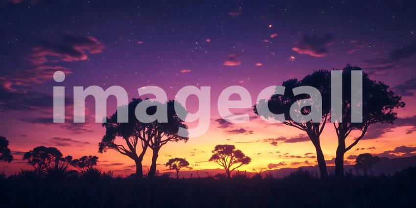 Serene Sunset Landscape Silhouette Trees Under Starry Sky