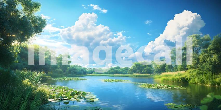 Serene River Landscape Picturesque Summer Scenery with Lush Gree