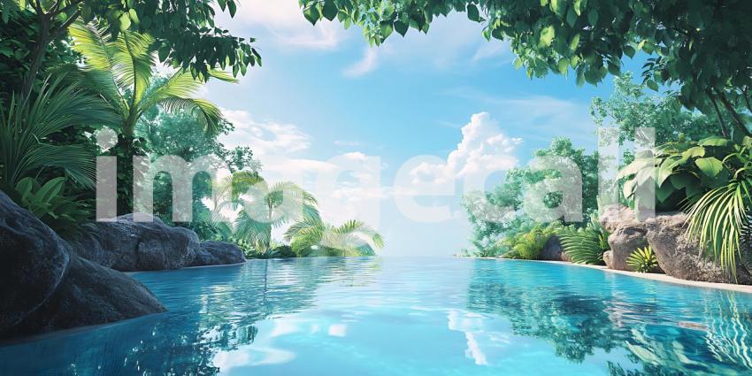 Tropical Paradise Serene Pool Scene Lush Greenery Tranquil Water