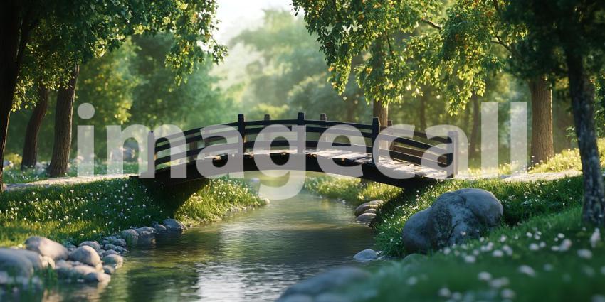Serene Wooden Bridge in Lush Green Forest Tranquil Nature Scene