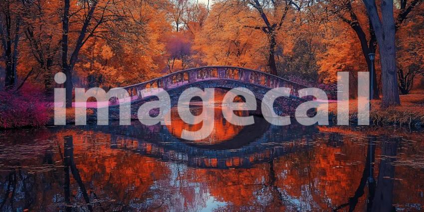 Autumnal Bridge Reflection Abstract Landscape Painting