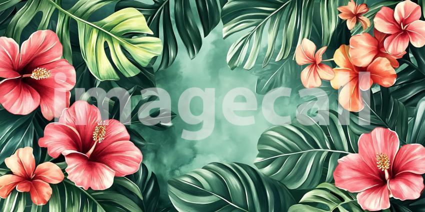 Watercolor Hibiscus Flowers and Tropical Leaves Lush Botanical B
