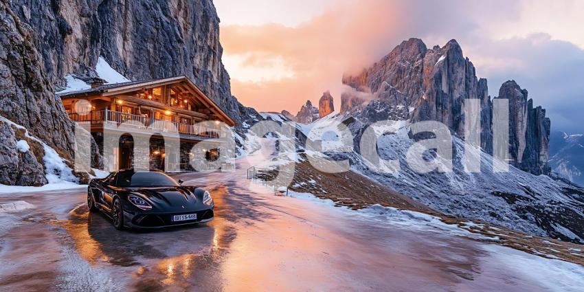 Alpine Chalet Sunset Dramatic Mountain Vista