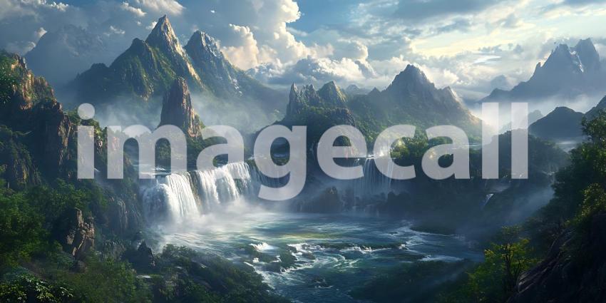 Epic Fantasy Landscape Majestic Mountains and Cascading Waterfal