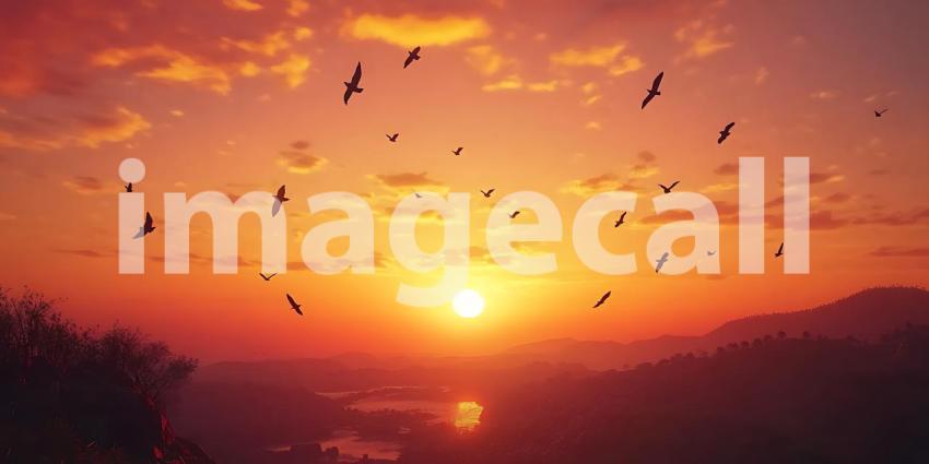 Stunning Sunset Landscape Birds in Flight at Golden Hour