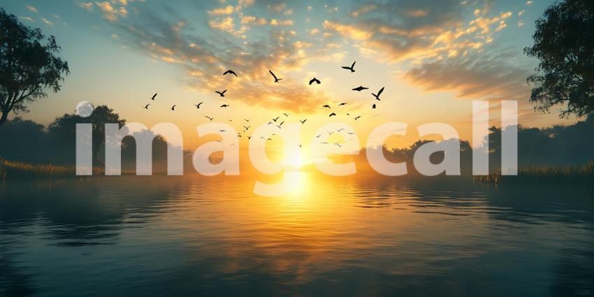 Stunning Sunset Landscape Birds in Flight Over Calm Water