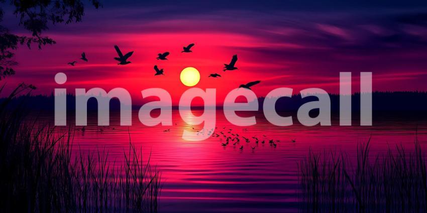 Vibrant Sunset Landscape Birds Lake and Crimson Sky