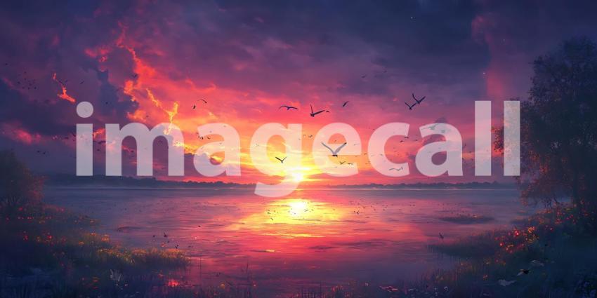 Vibrant Sunset Landscape Birds in Flight