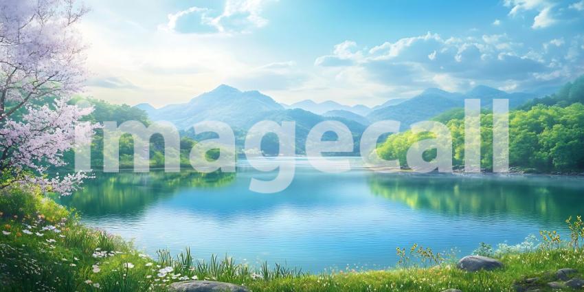 Serene Mountain Lake Landscape Springtime Scenery with Blossomin