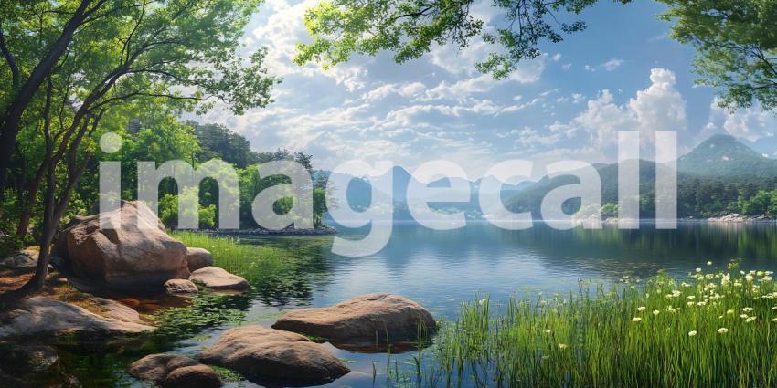 Serene Lakeside Vista Picturesque Mountain Landscape