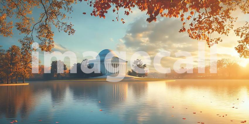 Autumnal Serenity Lakeside Temple at Sunset