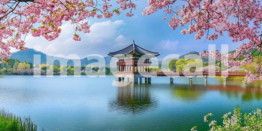 Korean Spring Serene Lake Cherry Blossoms and Traditional Pavili
