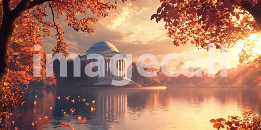 Autumnal Majesty Scenic Vista of a Classical Temple at Sunset