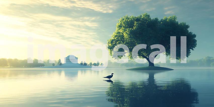 Serene Sunrise Lakeside Tree and Tranquil Reflection