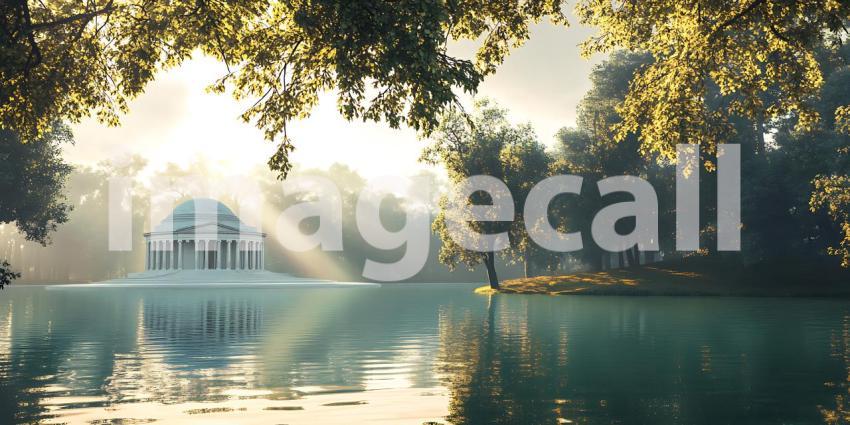 Serene Park Fountain Sunrise Peaceful Landscape Photography