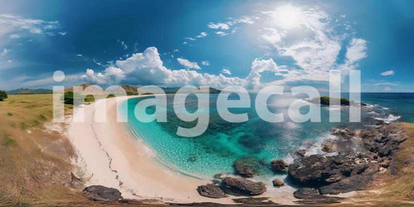 Panoramic Beach Paradise Vibrant Turquoise Waters  Pristine Sand