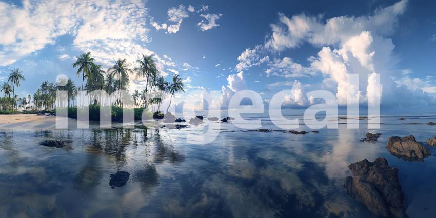 Tropical Paradise Serene Beach Scene with Palm Trees and Cloud R