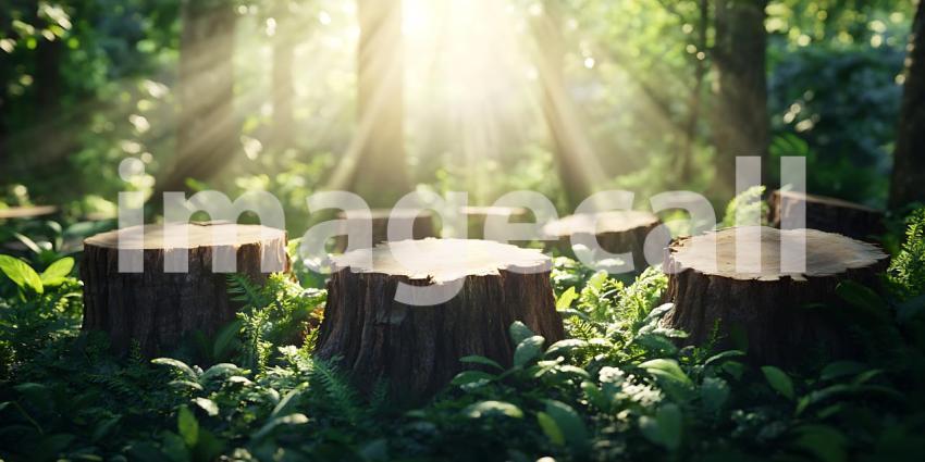 Sunlit Forest Tree Stumps  Lush Greenery  Nature Photography
