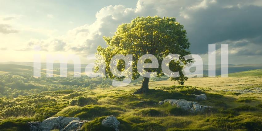 Serene Landscape Lone Tree on a Hilltop Overlooking a Verdant Va