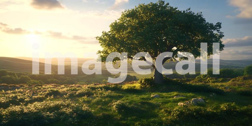 Serene Landscape Majestic Tree at Sunset
