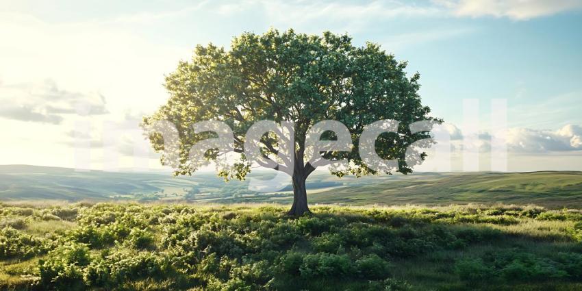 Majestic Oak Tree Landscape Panoramic Nature Scene Serene Countr