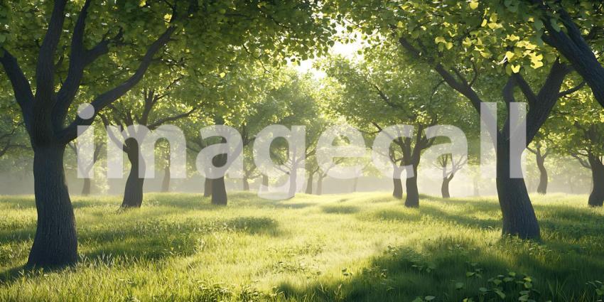 Serene Orchard Lush Green Trees Sunlight and Peaceful Nature Sce