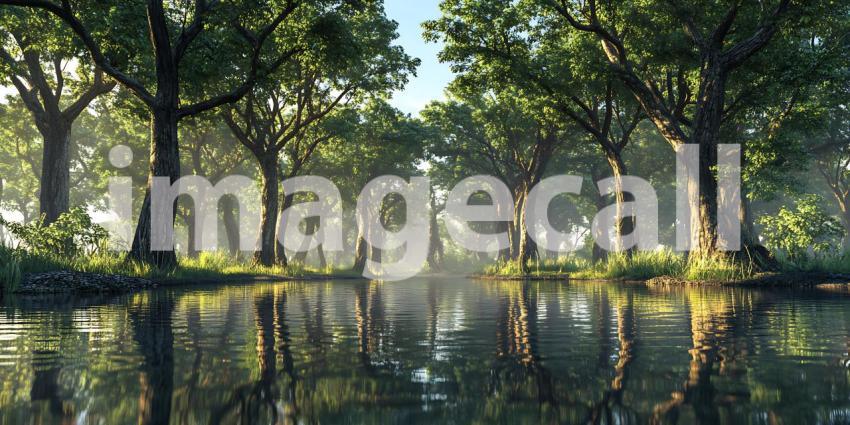 Stunning Tranquil Forest Scene Lush Greenery Calm Water Reflecti