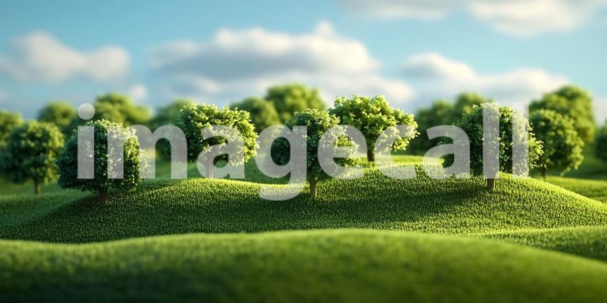 Serene Landscape Lush Green Orchard Under a Sunny Sky