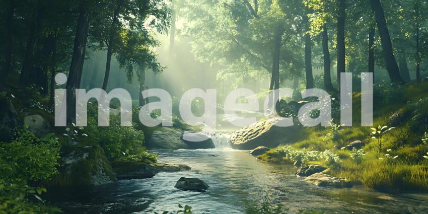 Sunlit Forest Stream Peaceful Nature Scene