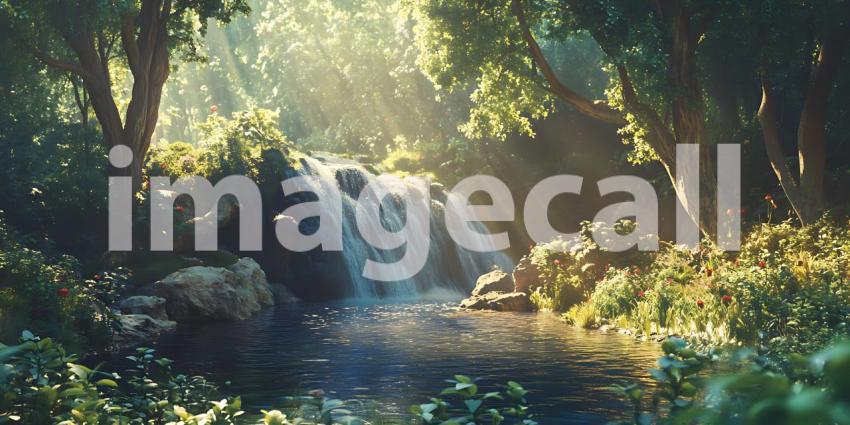 Serene Waterfall Lush Forest Sunlight Scene
